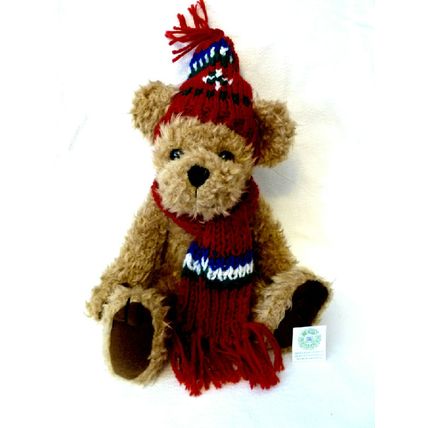 VINTAGE GIBSON GREETINGS LIGHT BROWN FURRY PLUSH BEAR w MAROON KNIT HAT & SCARF