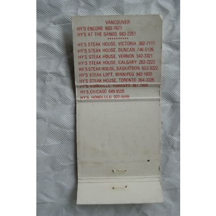 Matchbook Cover Hys, Yorkville, toronto, Ontario