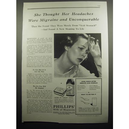 1933 Phillips' Milk of Magnesia Ad - She thought her headaches were migraine