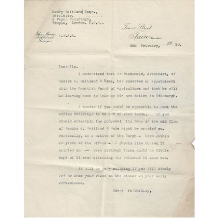 Letter 1930 from Henry Maitland (Barrister Temple) concerning renting offices