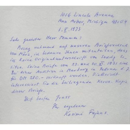 Kasimir Fajans Radioactivity Polish Jewish Chemist Hand Signed Letter