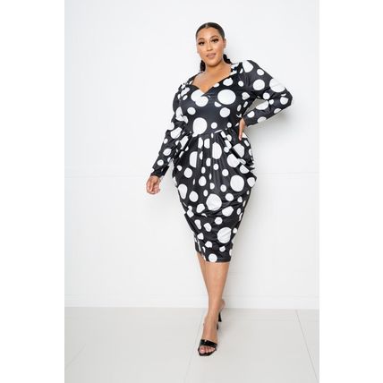 Polka Dot Drop Waist Ruched Midi Dress
