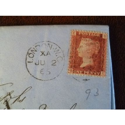 1865 GB QV 1d Red stamp 93 EB entire Fisher Solicitors Ashby de la Zouch Burton
