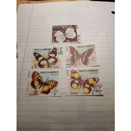 1979 Mozambique Yvert No. 744-45 and 747-49 Stamps Fauna Butterflies ULH 5 pcs.
