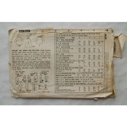 Vintage: Simplicity Pattern No. 4639 toddlers coat & pants, 19 inch chest