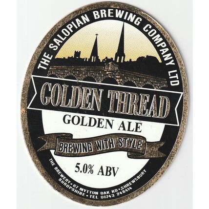 USED PUMP CLIP FRONT - SALOPIAN BREWING COMPANY - GOLDEN THREAD GOLDEN ALE