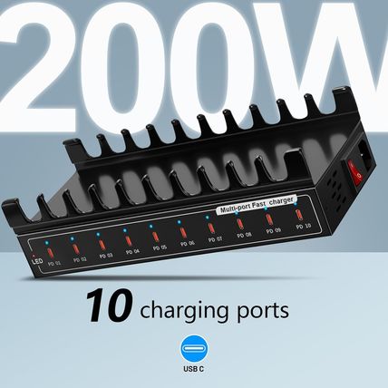 200W Fast USB Charging Station, 10 Type-C Ports A+ Grade Smart Protection Chargi