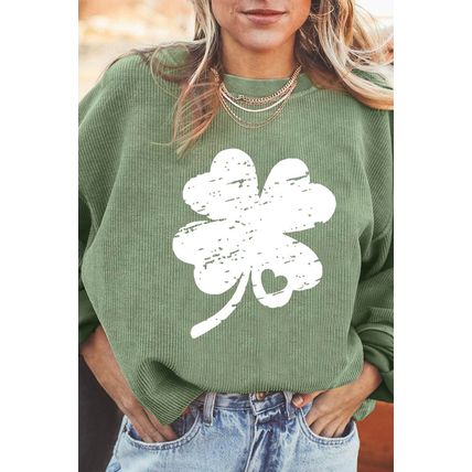 Grass Green Distressed Clover Print St Patricks Corded Sweatshirt