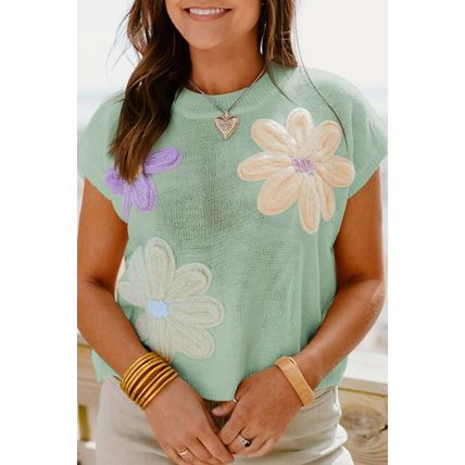 Moonlight Jade Multi Crochet Flower Knit Short Sleeve Sweater Top