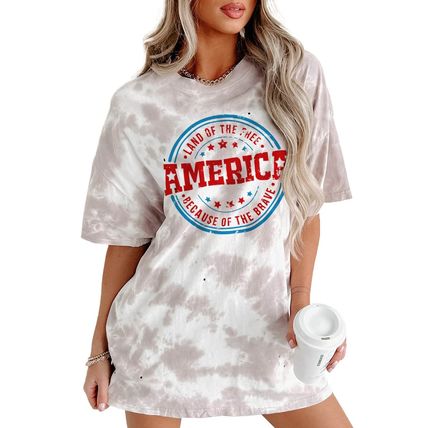 White Oversized Tie-dye AMERICA Graphic T-shirt with Distressing
