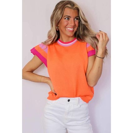 Carrot Contrast Flutter Sleeves Knitted Sweater T Shirt