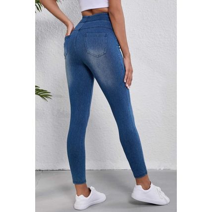 Navy Blue Skinny Elastic Waist Ankle Length Mid Waist Jeggings with Pockets