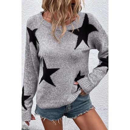 Gray Star Pattern Drop Shoulder Sweater