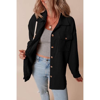 Black Corduroy Flap Pocket Button Up Shacket