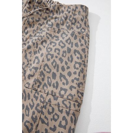 Khaki Leopard Printed Drawstring Waist Pocketed Wide Leg Jeans
