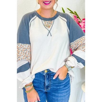 White Floral Patchwork Waffle Knit Raglan Top