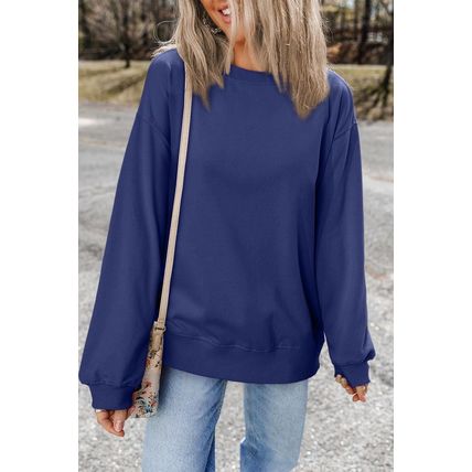 Navy Blue Plain Drop Shoulder Crewneck Pullover Sweatshirt
