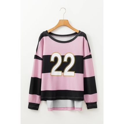 Pink Stripe Color Block Number 22 Print Game Day Loose Long Sleeve Top