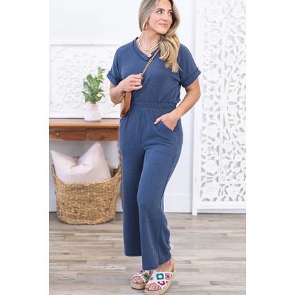 Sail Blue Ribbed V Neck Tee and Pants Plus Size Set