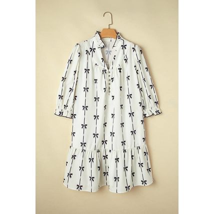 Apricot Bow Printed Puff Sleeve Ruffled Plus Size Mini Dress