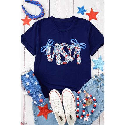Blue Bow Floral usa Letter Print Independence Day T Shirt