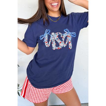 Blue Bow Floral usa Letter Print Independence Day T Shirt