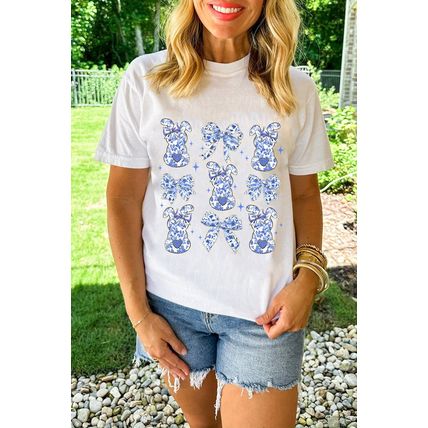 White Bowknot Bunny Graphic Easter Fashion T Shirt