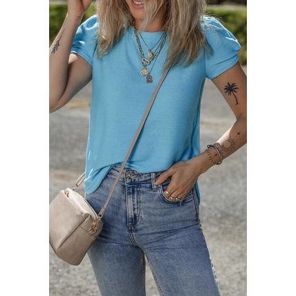 Light Blue Bubble Sleeve Solid Color Elegant T-Shirt