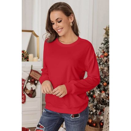 Red Plain Crew Neck Pullover Sweatshirt