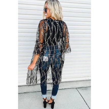 Black Sequin Sheer Long Sleeve Open Front Kimono