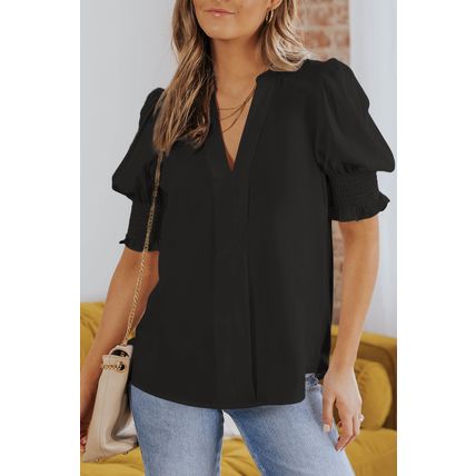 Black Solid Color Half Sleeve V Neck Blouse