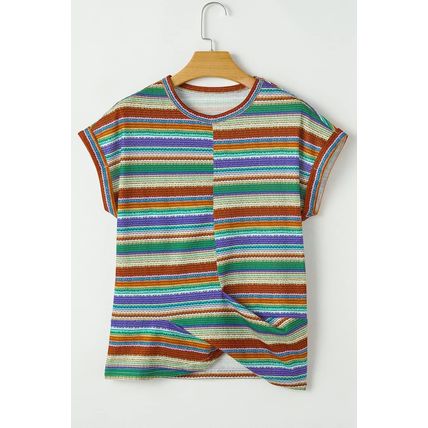 Multicolour Striped Pattern Twist Hem Short Sleeve Top