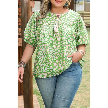 Green Plus Size Floral Tassel Tie Split Neck Puff Sleeve Blouse