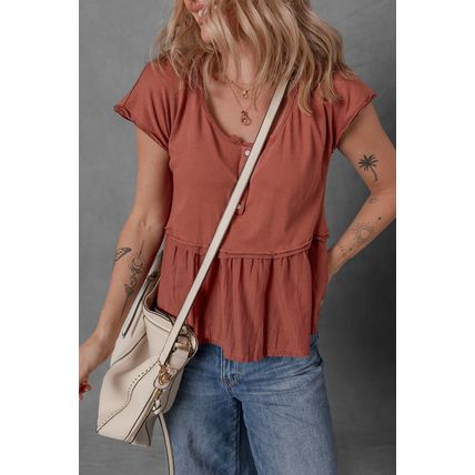 Chestnut Short Sleeve U Neck Buttons Splicing Ruffle Blouse
