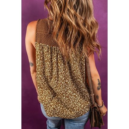 Brown Eyelet Knit Yoke Patchwork Printed Flowy Fit Tank Top