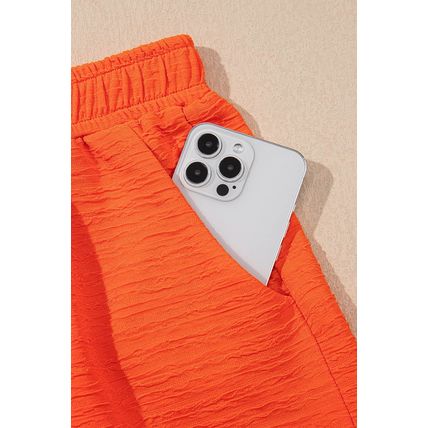 Orange Textured V Neck T Shirt and Shorts Set