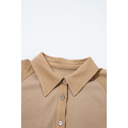 Light French Beige Waffle Patchwork Button Up Frayed Hem Shirt