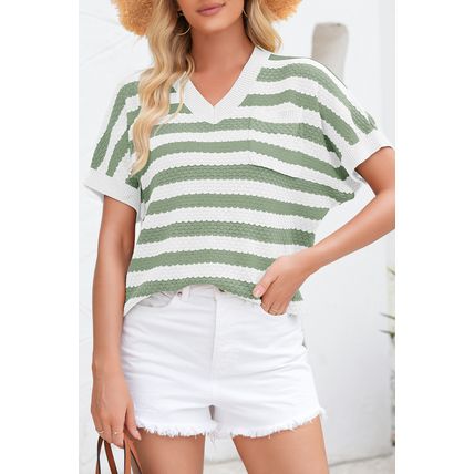 Green Stripe V Neck Short Sleeve Sweater with Side Slits
