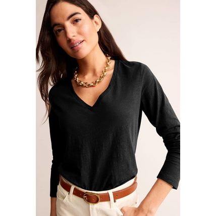 Black Solid Color V Neck Long Sleeve Stretchy Top