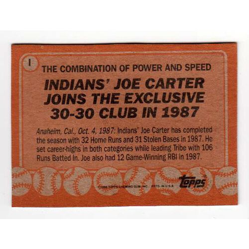 1988 Topps Joe Carter #I wax box bottom card – Indians