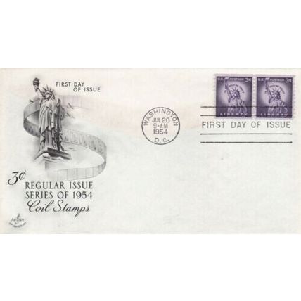 United States 1954 Liberty 3c Coil Stamps FDC Washington Cancel Unaddressed VGC