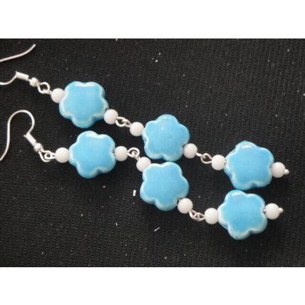 Stunning handmade blue ceramic flower bead long drop swing earrings