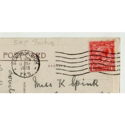 POSTCARD Italian Gardens Scarborough + 1928 SCARBOROUGH 6 Wavy Line Postmark