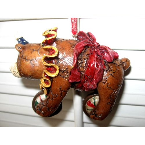 Christmas Ornament: Nodding Head Circus Bear w/Ruffled Collar Balances On Balls