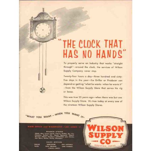 WILSON SUPPLY COMPANY 1955 clock no hands oil gas equipment vintage ad