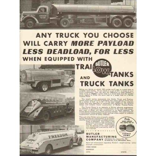 BUTLER MFG COMPANY 1937 Trailow-tanks truck tanks payload vintage ad