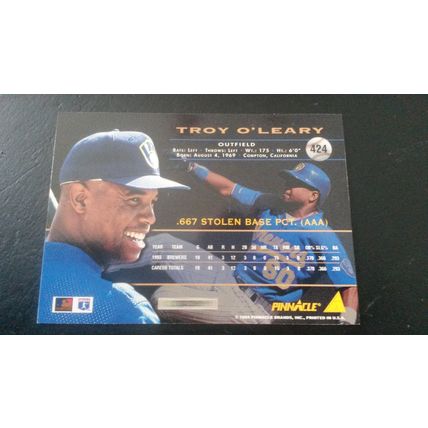 1994 Pinnacle Card # 424 Troy O'Leary Autograph Brewers Rookie Prospect