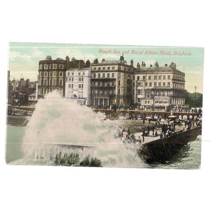 ROUGH SEAS & ROYAL ALBION HOTEL, BRIGHTON, SUSSEX unused antique postcard =