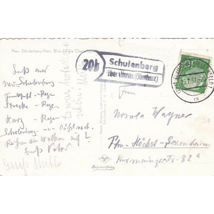 Neu Schulenberg Harz Vintage RP Germany Postcard 1957 used crease