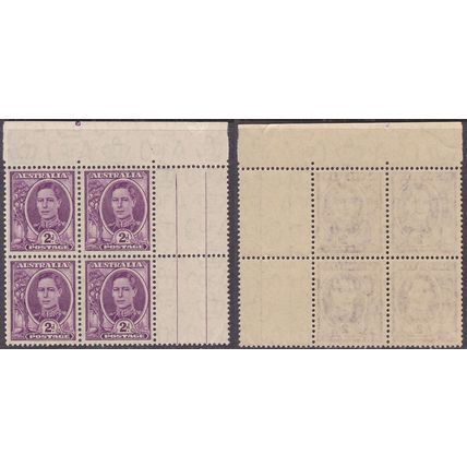 Australia 1944 KGVI 2d Bright Purple SG205 P14¾x14 BLOCK - VFMNH 'DOT-T'